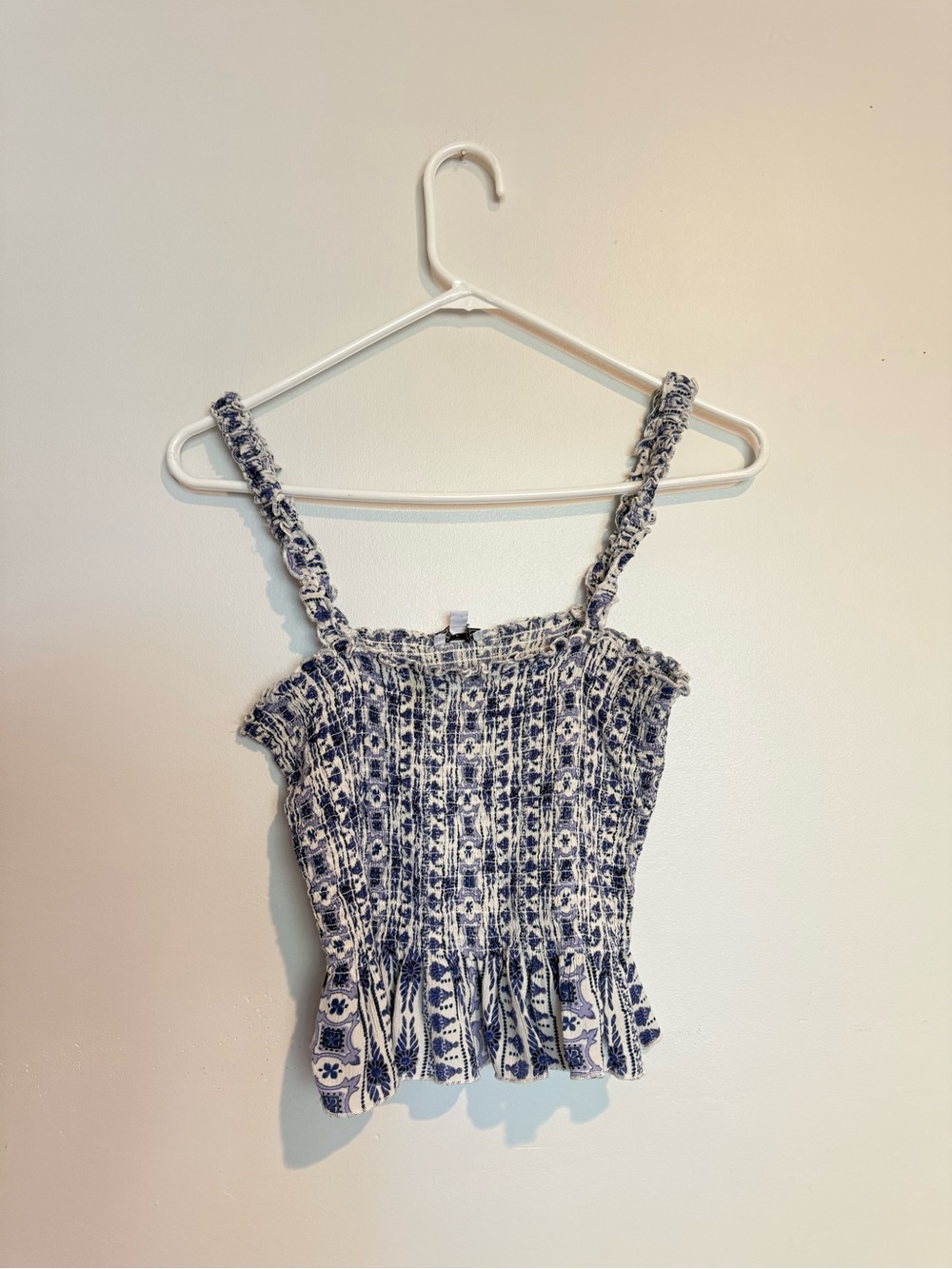 Patrons of Peace Smocked Blue and White Floral Tank Top